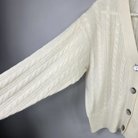 Crush Womens Cashmere Cream Ivory Cable Knit Soft Luxury Cardigan Sweater Top SM